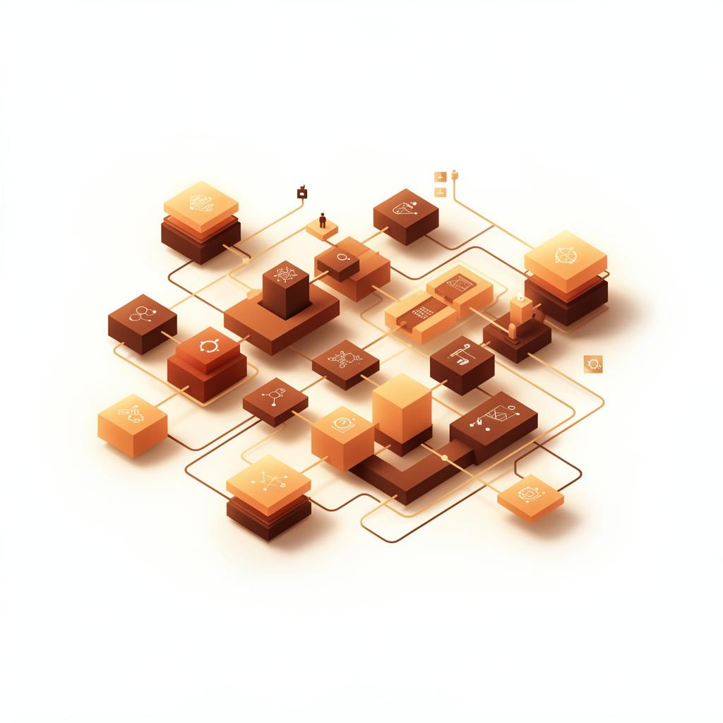 Isometric illustration of connected business systems and workflows